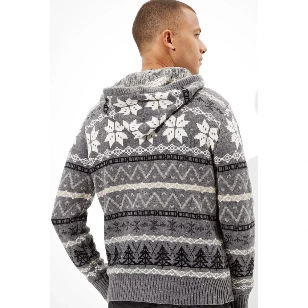 AMERICAN‎ EAGLE Softest Sweater Hoodie Men's XS Gray Nordic Snowflake Fair Isle